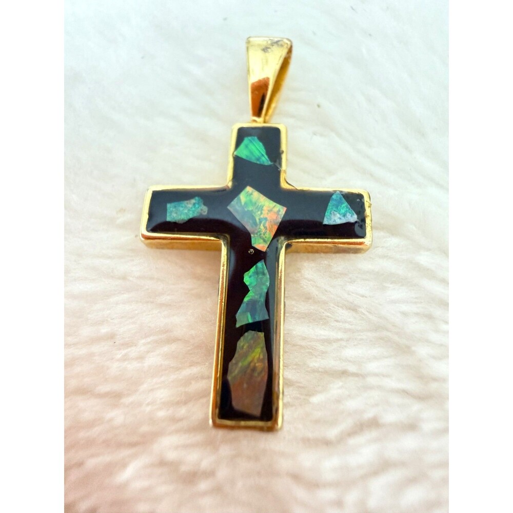 Gold Vermeil Sterling Silver 925 Created Opal Inlay Cross Pendant 1 Inch Descri
